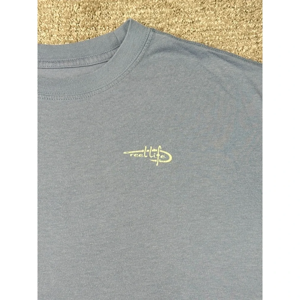 Reel Life T-Shirt Men's Large Blue Short Sleeve Graphic Logo Cotton Blend Casual
